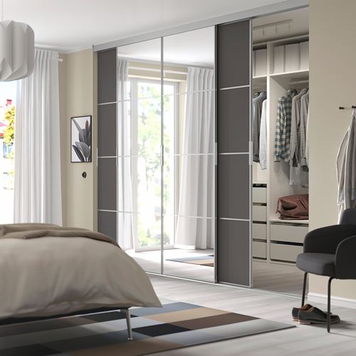 IKEA - SKYTTA/MEHAMN/AULI, sliding door for walk-in wardrobe, aluminum-dark gray mirrored glass, 301x240 cm