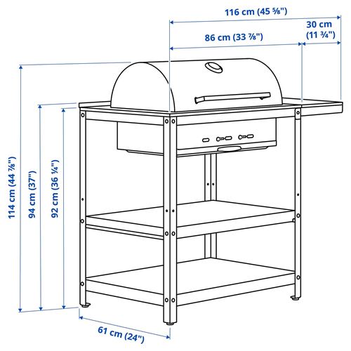 IKEA - GRILLSKAR, charcoal barbecue, stainless steel/black, 93/116x61 cm