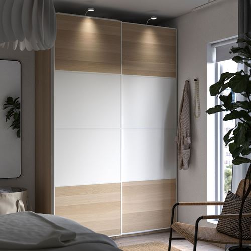 IKEA - PAX/MEHAMN, PAX sliding door wardrobe, white-white stained oak effect, 150x66x236 cm