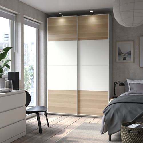 IKEA - MEHAMN, pair of sliding doors, white stained oak eff/clear glass, 150x236 cm