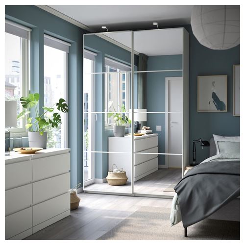 IKEA - PAX/AULI, PAX sürgü kapaklı gardırop, beyaz-aynalı cam, 150x44x236 cm