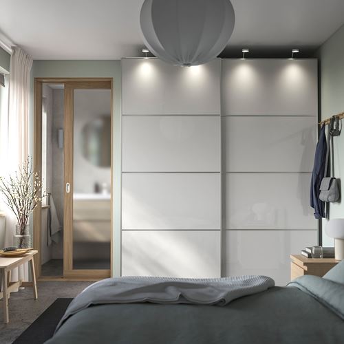 IKEA - HOKKSUND, panels for sliding door frame, high-gloss/light grey, 100x236 cm