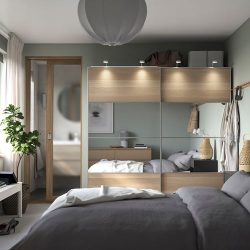 IKEA - PAX/MEHAMN/AULI, PAX sliding door wardrobe, white stained oak effect-mirror glass, 200x66x201 cm