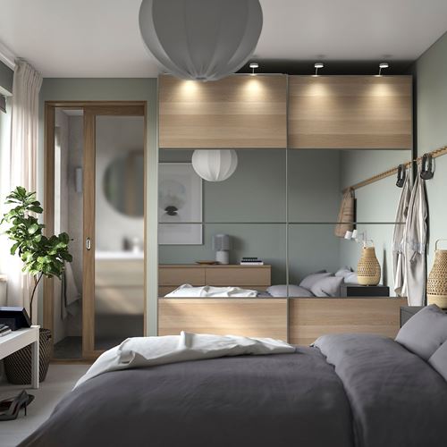 IKEA - PAX/MEHAMN/AULI, PAX sliding door wardrobe, white stained oak effect-mirror glass, 200x66x236 cm