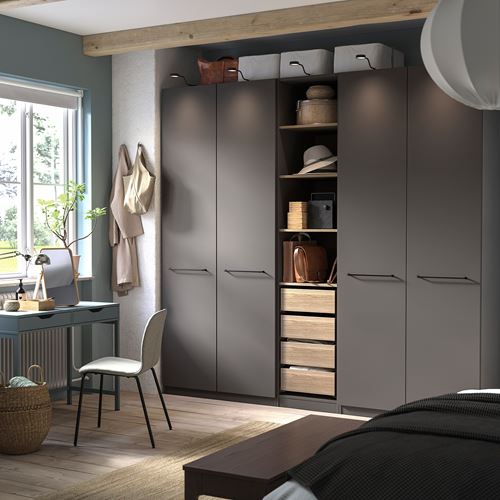 IKEA - PAX/FORSAND, PAX wardrobe, dark gray-bleached oak look, 250x60x236 cm