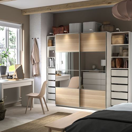 IKEA - PAX, PAX sliding door wardrobe, white/white stained oak effect mirror glass, 250x66x201 cm