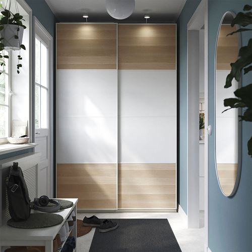 IKEA - PAX/MEHAMN, PAX sürgü kapaklı gardırop, beyaz-ağartılmış meşe görünümlü, 150x44x236 cm