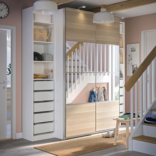 IKEA - PAX/MEHAMN/AULI, PAX sürgü kapaklı gardırop, beyaz-ağartılmış meşe görünümlü aynalı cam, 250x66x236 cm