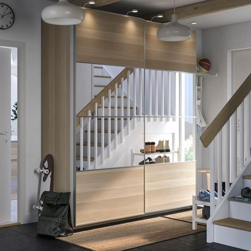 IKEA - PAX/MEHAMN/AULI, PAX sliding door wardrobe, white stained oak effect-mirror glass, 200x66x236 cm