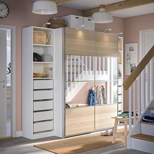 IKEA - PAX, PAX sliding door wardrobe, white/white stained oak effect mirror glass, 250x66x201 cm