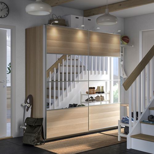 IKEA - PAX/MEHAMN/AULI, PAX sliding door wardrobe, white stained oak effect-mirror glass, 200x66x201 cm