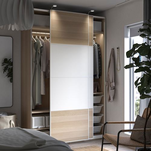 IKEA - PAX/MEHAMN, PAX sliding door wardrobe, white-white stained oak effect, 150x66x236 cm