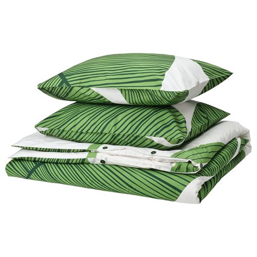 IKEA - KUNGSCISSUS, double quilt cover and 2 pillowcases, green/white, 240x220/50x60 cm