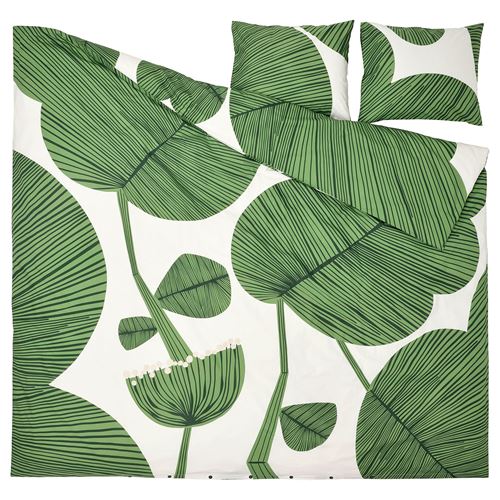 IKEA - KUNGSCISSUS, double quilt cover and 2 pillowcases, green/white, 240x220/50x60 cm