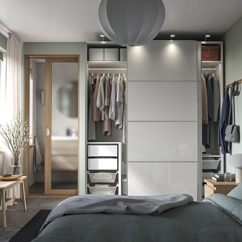 IKEA - PAX/HOKKSUND, PAX sliding door wardrobe, white/high-gloss light grey, 200x66x236 cm