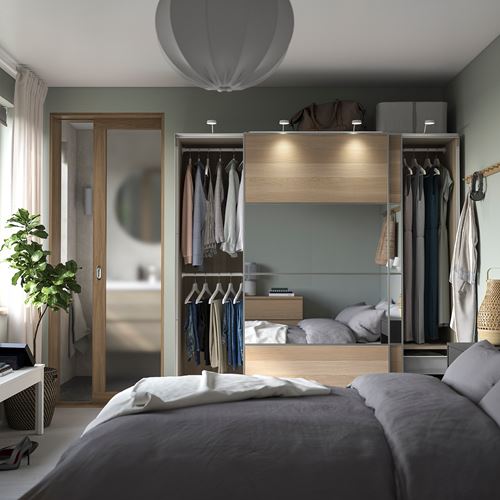 IKEA - PAX/MEHAMN/AULI, PAX sliding door wardrobe, white stained oak effect-mirror glass, 200x66x201 cm