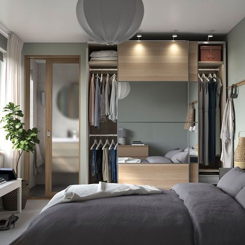 IKEA - PAX/MEHAMN/AULI, PAX sliding door wardrobe, white stained oak effect-mirror glass, 200x66x236 cm