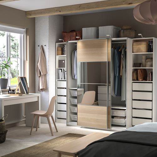 IKEA - PAX, PAX sliding door wardrobe, white/white stained oak effect mirror glass, 250x66x201 cm