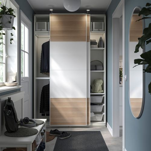 IKEA - PAX/MEHAMN, PAX sürgü kapaklı gardırop, beyaz-ağartılmış meşe görünümlü, 150x44x236 cm
