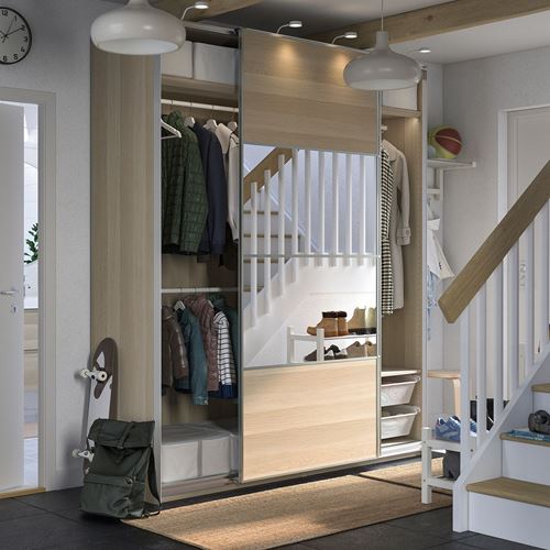 IKEA - PAX/MEHAMN/AULI, PAX sliding door wardrobe, white stained oak effect-mirror glass, 200x66x236 cm