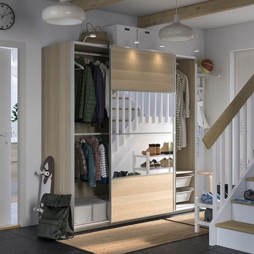 IKEA - PAX/MEHAMN/AULI, PAX sliding door wardrobe, white stained oak effect-mirror glass, 200x66x201 cm