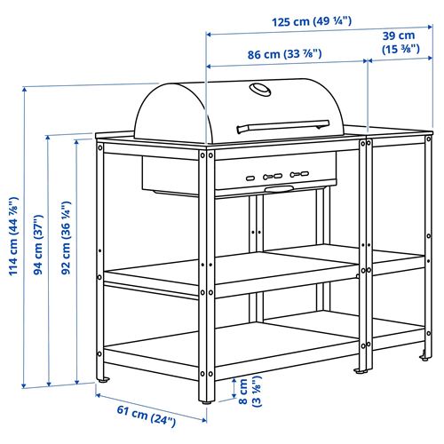 IKEA - GRILLSKAR, charcoal barbecue, stainless steel/black, 125x61 cm