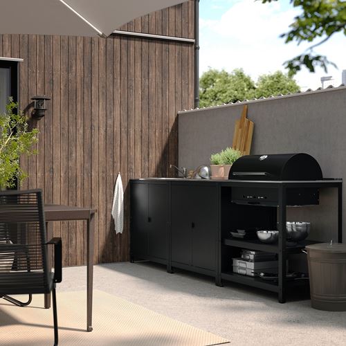 IKEA - GRILLSKAR, kitchen sink unit and charcoal barbecue, stainless steel/black, 258x61 cm