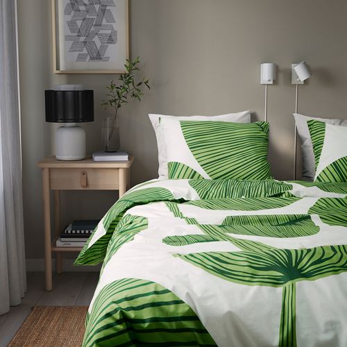 IKEA - KUNGSCISSUS, double quilt cover and 2 pillowcases, green/white, 240x220/50x60 cm