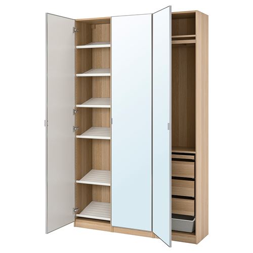 IKEA - PAX/AHEIM, PAX wardrobe, white stained oak effect-mirror glass, 150x38x236 cm