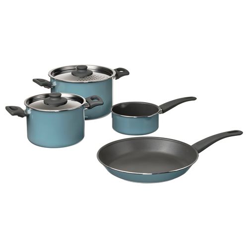 IKEA - HEMLAGAD, teflon cookware set, grey/blue