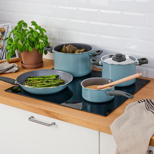 IKEA - HEMLAGAD, teflon cookware set, grey/blue