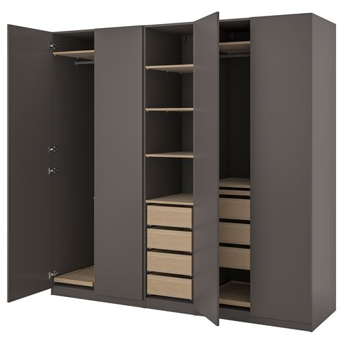 IKEA - PAX/FORSAND, PAX wardrobe, dark gray-bleached oak look, 250x60x236 cm