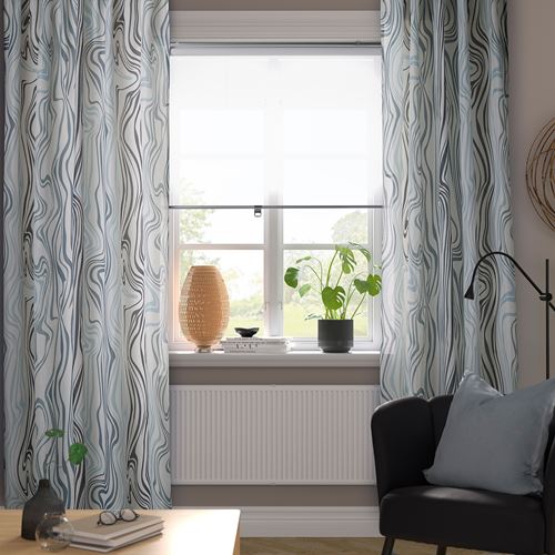 IKEA - KLIPPNEJLIKA, background curtain, 1 pair, white-blue, 145x300 cm