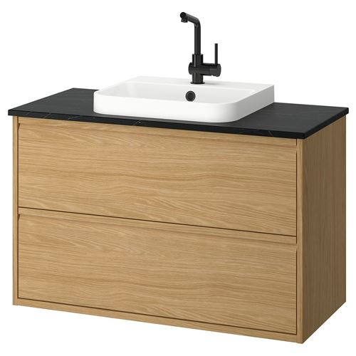 IKEA - ANGSJÖN/TOLKEN/BACKSJÖN, wash-basin and cabinet, oak effect-black marble effect, 102x49x71 cm