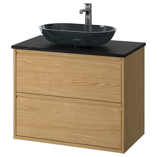 IKEA - ANGSJÖN/TOLKEN/OXMYREN, wash-basin and cabinet, oak effect-black marble effect, 82x49x77 cm