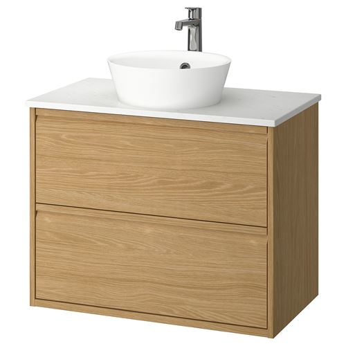IKEA - ANGSJÖN/TOLKEN/KATTEVIK, lavabo dolabı kombinasyonu, meşe görünümlü-beyaz mermer görünüm, 82x49x80 cm