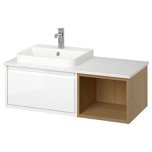 IKEA - ANGSJÖN/TOLKEN/BACKSJÖN, wash-basin and cabinet, glossy polish white-oak look-white marble look, 102x49x41 cm