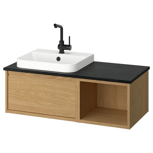 IKEA - ANGSJÖN/BACKSJÖN, lavabo dolabı kombinasyonu, meşe görünümlü-siyah mermer görünüm, 102x49x41 cm