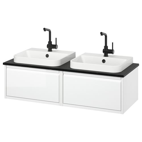 IKEA - ANGSJÖN/TOLKEN/BACKSJÖN, wash-basin and cabinet, glossy varnish white-black marble look, 122x49x41 cm