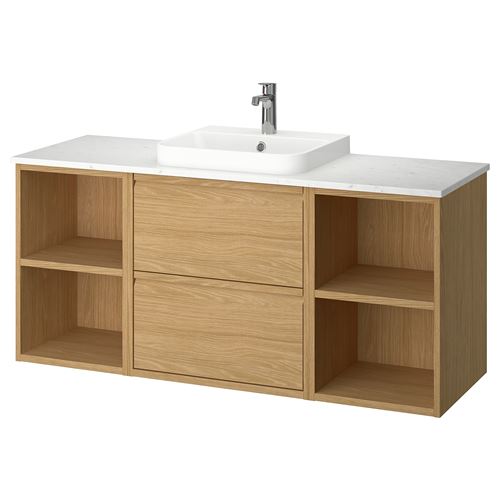 IKEA - ANGSJÖN/TOLKEN/BACKSJÖN, wash-basin and cabinet, oak effect-white marble effect, 142x49x71 cm