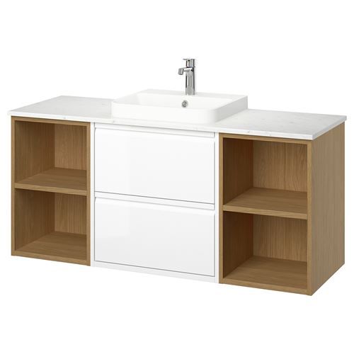 IKEA - ANGSJÖN/TOLKEN/BACKSJÖN, lavabo dolabı kombinasyonu, parlak cila beyaz-meşe görünümlü-beyaz mermer görünüm, 142x49x71 cm