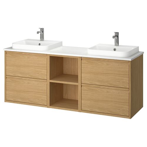 IKEA - ANGSJÖN/TOLKEN/BACKSJÖN, wash-basin and cabinet, oak effect-white marble effect, 162x49x71 cm