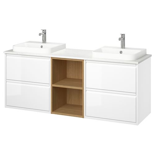 IKEA - ANGSJÖN/TOLKEN/BACKSJÖN, wash-basin and cabinet, high-gloss white/white marble effect, 162x49x71 cm