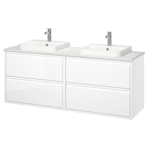 IKEA - ANGSJÖN/TOLKEN/BACKSJÖN, wash-basin and cabinet, high-gloss white/white marble effect, 162x49x71 cm