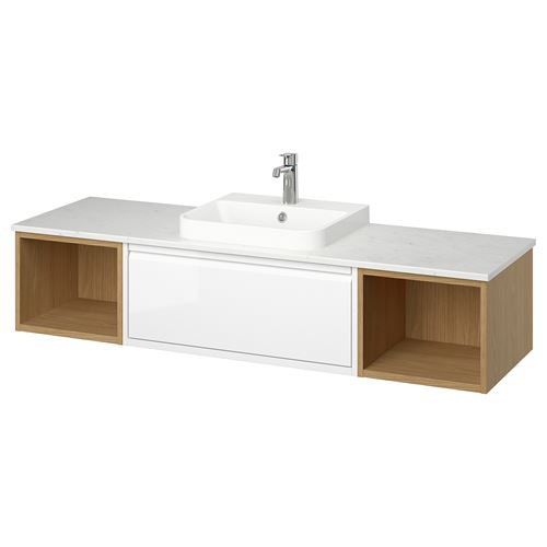 IKEA - ANGSJÖN/TOLKEN/BACKSJÖN, wash-basin and cabinet, glossy polish white-oak look-white marble look, 162x49x41 cm