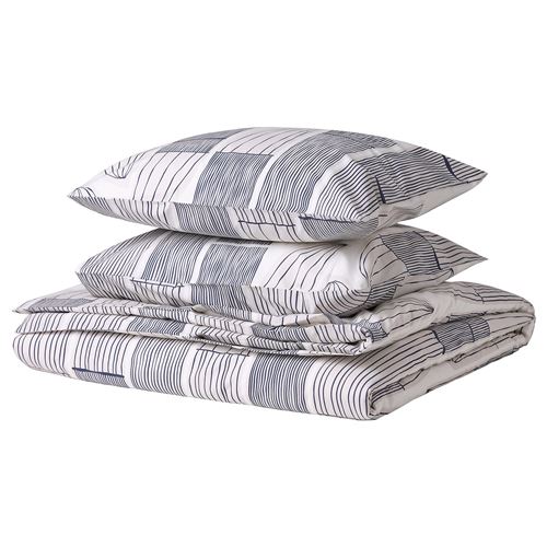 IKEA - BERGKORSÖRT, double quilt cover and 2 pillowcases, grey/white, 240x220/50x60 cm