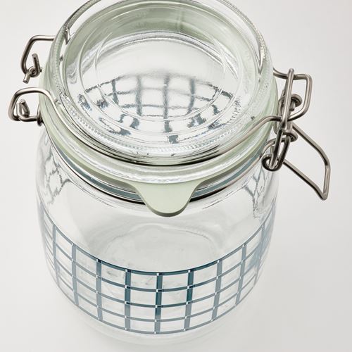 IKEA - KORKEN, glass jar with lid, glass-check pattern grey blue, 1 l