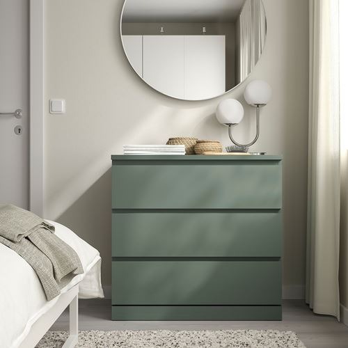 IKEA - MALM, chest of 3 drawers, grey-green, 80x78 cm