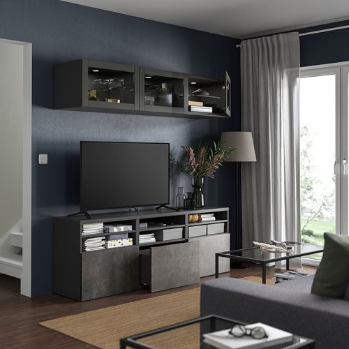 IKEA - BESTA, tv storage unit, dark grey-dark grey concrete effect, 180x42x192 cm