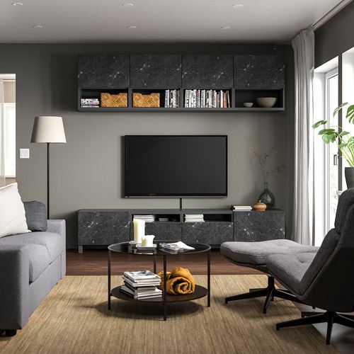 IKEA - BESTA, tv storage unit, dark grey-black marble effect, 240x42x230 cm